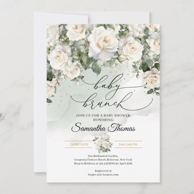 Bohemian White Roses and Eucalyptus baby brunch Invitation (Front)