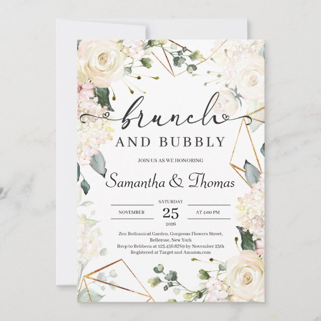 Bohemian white roses eucalyptus gold brunch invitation (Front)