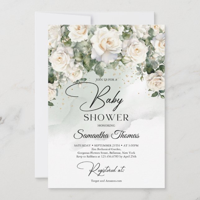 Bohemian white roses eucalyptus green and gold invitation (Front)