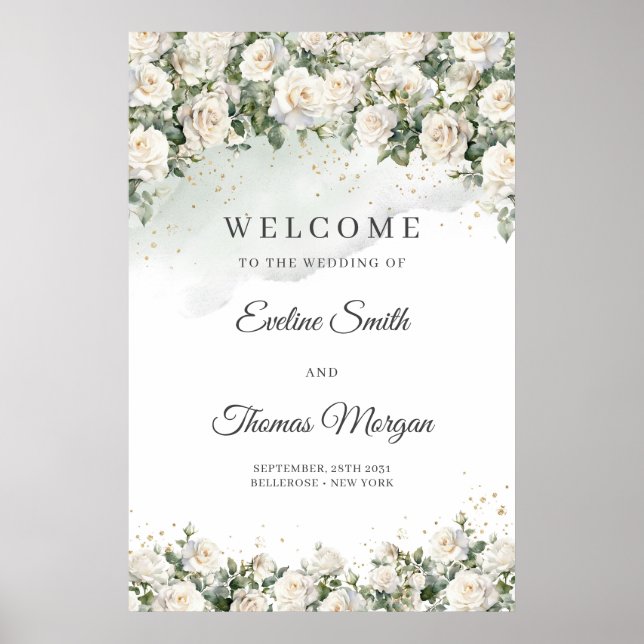 Bohemian white roses eucalyptus wedding welcome poster (Front)