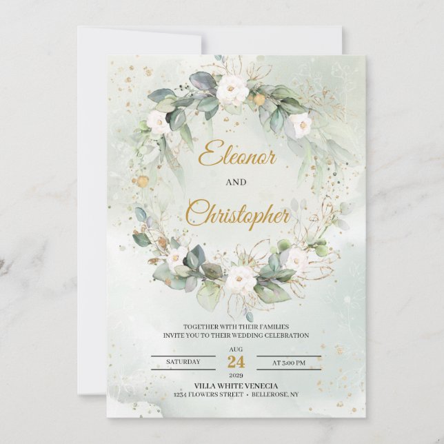 Bohemian white roses floral wreath green leaves invitation (Front)