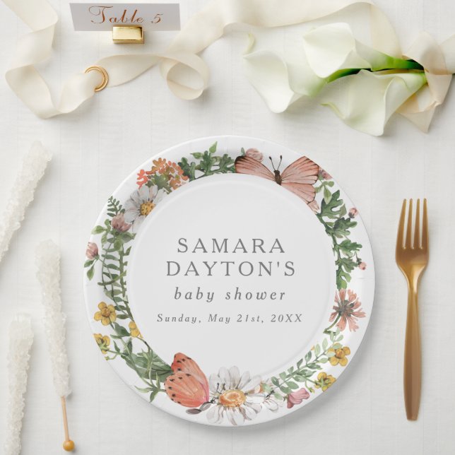 Bohemian Wildflower Butterfly Baby Shower Paper Plate (Wedding)
