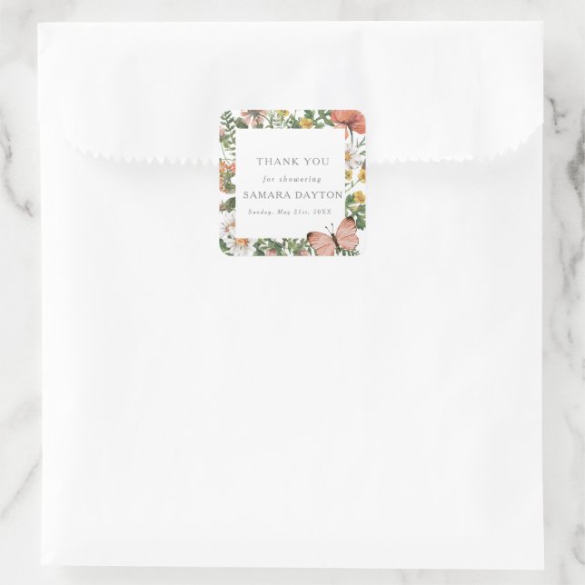 Bohemian Wildflower Butterfly Thank You Square Sticker (Bag)