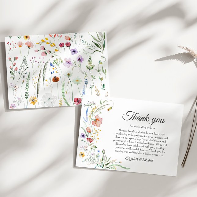 Bohemian Wildflower Meadow Wedding Thank You Card (Bohemian Wildflower Meadow Wedding Thank You Card on a sunny white table.)