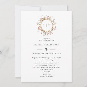 Bohemian Wildflower Wreath Monogram Wedding Invitation
