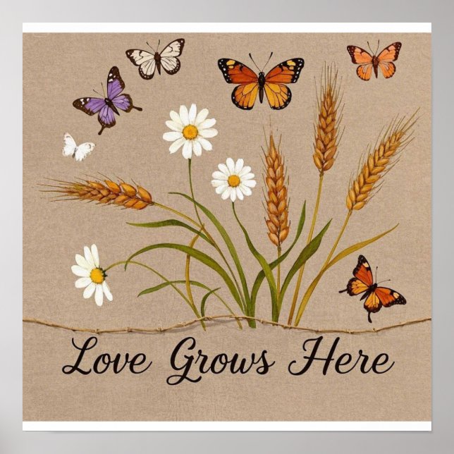 Bohemian Wildflowers, butterflies, wheat stalks Poster (Front)