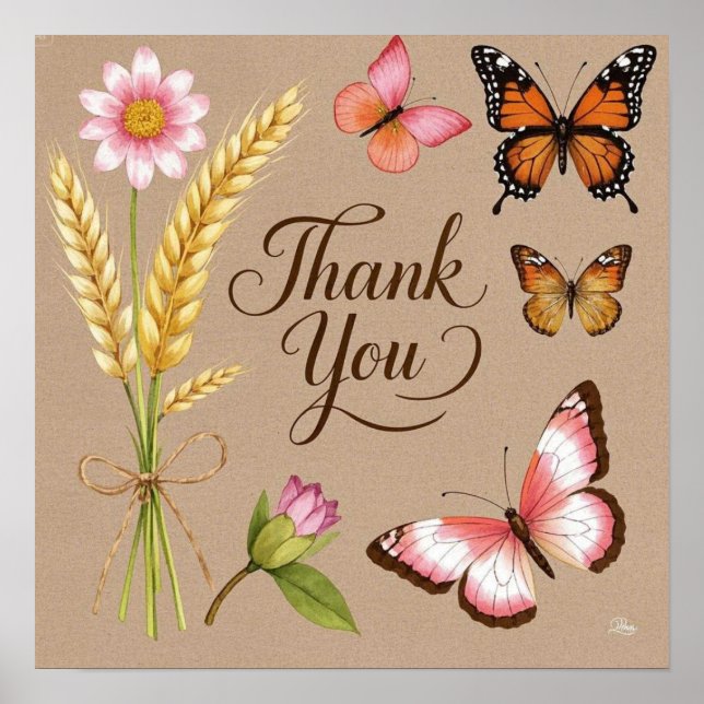 Bohemian Wildflowers, butterflies, wheat stalks Poster (Front)