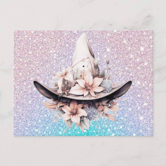 Bohemian Witches Hat Flowers Glitter Halloween Holiday Postcard (Front)