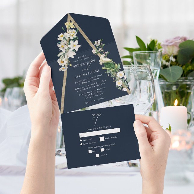 Bohemian Wood Pyramid White Florals Blue Wedding All In One Invitation (Bohemian Wood Pyramid White Florals Blue Wedding All In One Invitation)