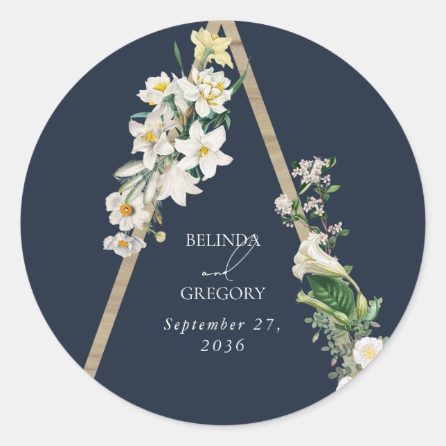 Bohemian Wood Pyramid White Florals Blue Wedding Classic Round Sticker (Front)