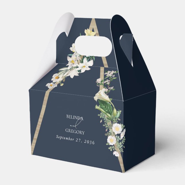 Bohemian Wood Pyramid White Florals Blue Wedding Favour Box (Front Side)