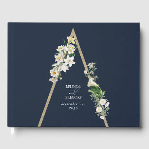 Bohemian Wood Pyramid White Florals Blue Wedding Guest Book