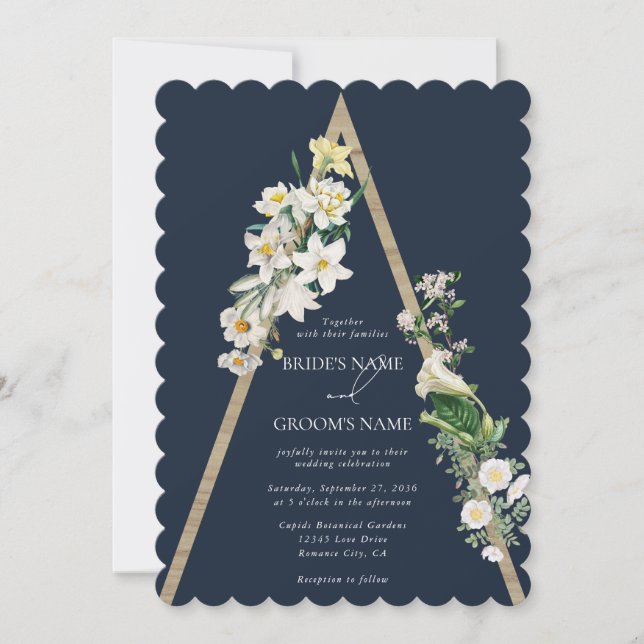 Bohemian Wood Pyramid White Florals Blue Wedding Invitation (Front)