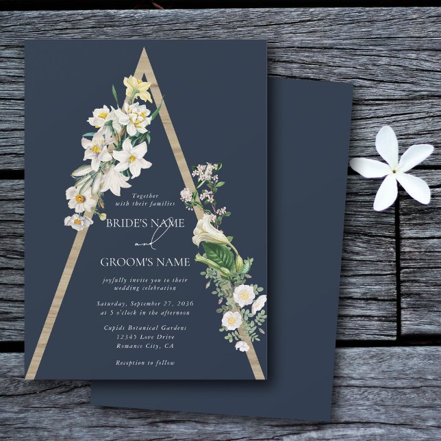 Bohemian Wood Pyramid White Florals Blue Wedding Invitation (Bohemian Wood Pyramid White Florals Blue Wedding Invitation)
