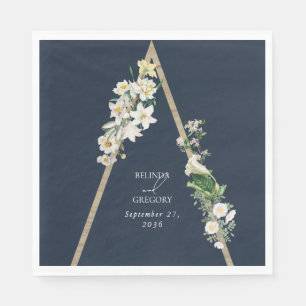 Bohemian Wood Pyramid White Florals Blue Wedding Napkin