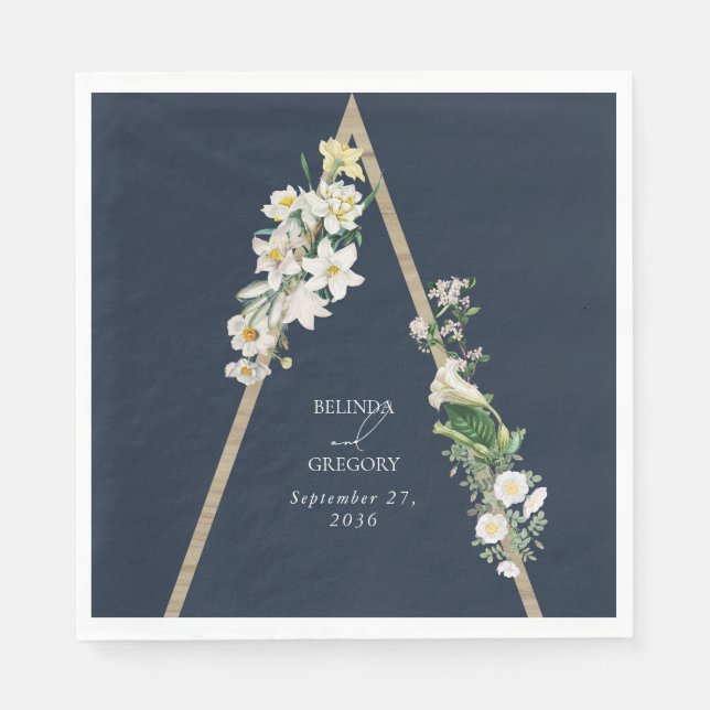 Bohemian Wood Pyramid White Florals Blue Wedding Napkin (Front)