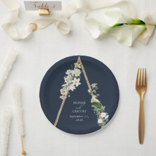 Bohemian Wood Pyramid White Florals Blue Wedding Paper Plate