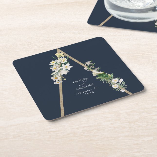 Bohemian Wood Pyramid White Florals Blue Wedding Square Paper Coaster (Angled)