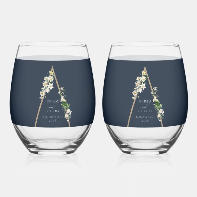 Bohemian Wood Pyramid White Florals Blue Wedding Stemless Wine Glass (Front)