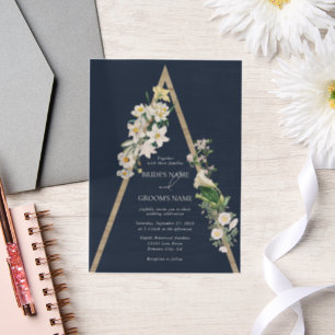 Bohemian Wood Pyramid White Florals Blue Wedding Vellum Invitations