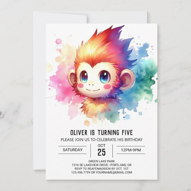 Bohemian Woodland Monkey Birthday Invitation (Front)