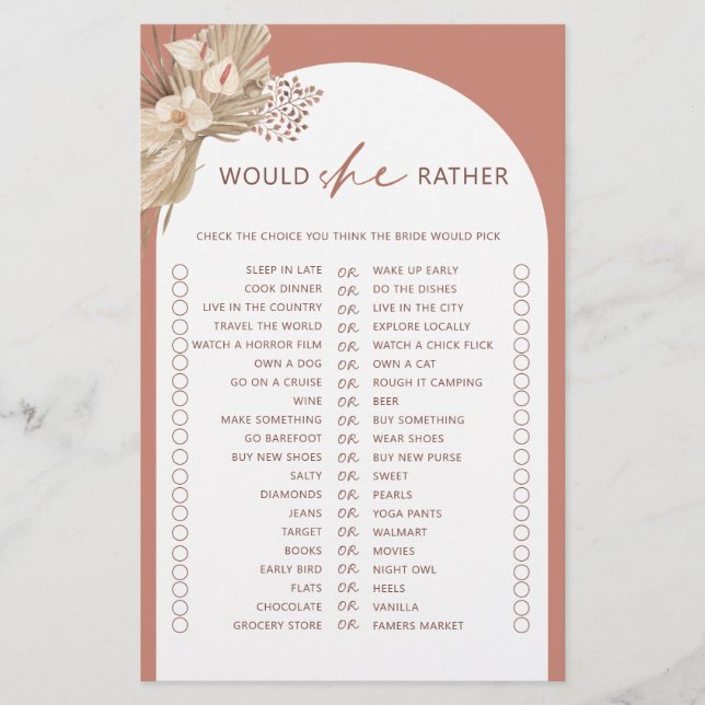 Bohemian would she rather bridal shower game flyer (Front)