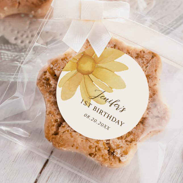 Bohemian Yellow Daisy Floral 1st Birthday Party Classic Round Sticker (Creator Uploaded)