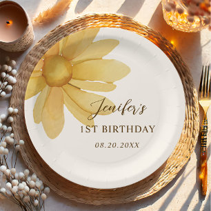 Bohemian Yellow Daisy Floral Birthday Party Paper Plate