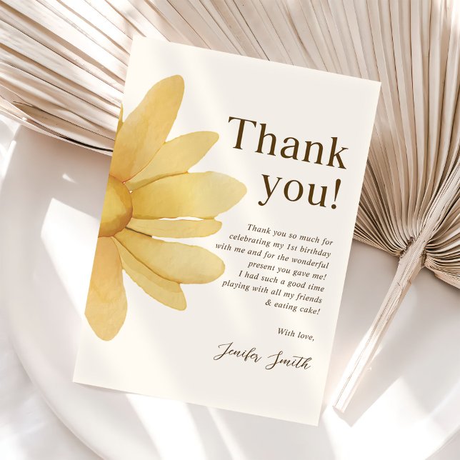 Bohemian Yellow Daisy Floral Birthday Party Thank You Card (Creator Uploaded)