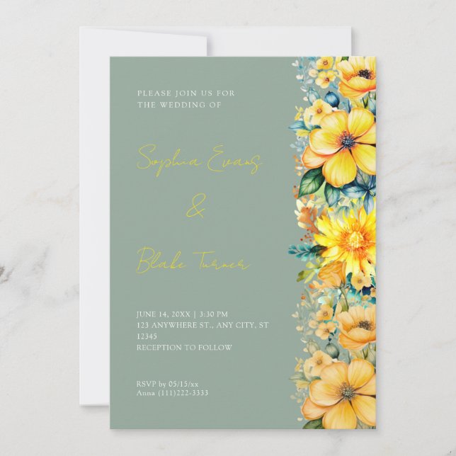 Bohemian Yellow Floral Green Wedding Invitation (Front)