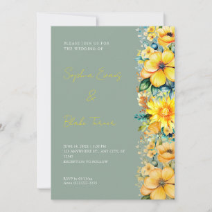 Bohemian Yellow Floral Green Wedding Invitation