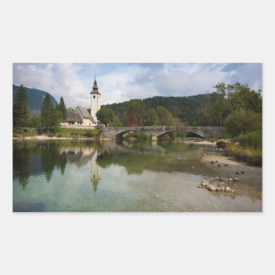 Bohinj lake and church, Slovenia rectangle sticker