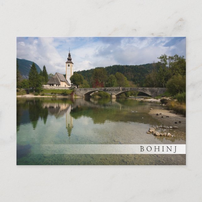 Bohinj lake with church in Slovenia bar postcard (Front)