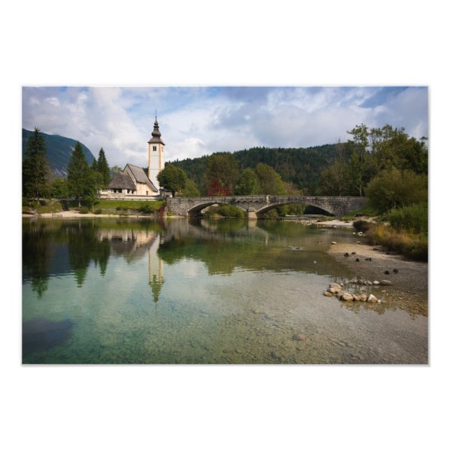 Bohinj lake with church in Slovenia print (Front)
