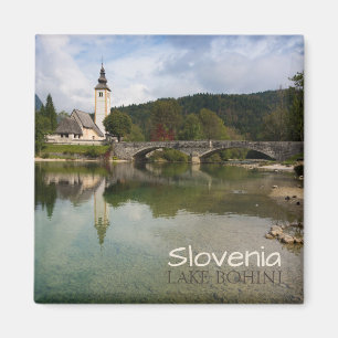 Bohinj lake with church in Slovenia text magnet