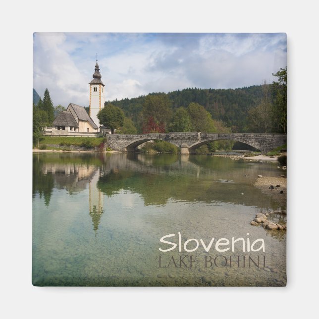 Bohinj lake with church in Slovenia text magnet (Front)