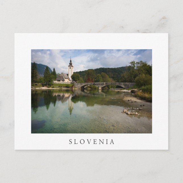 Bohinj lake with church in Slovenia white postcard (Front)
