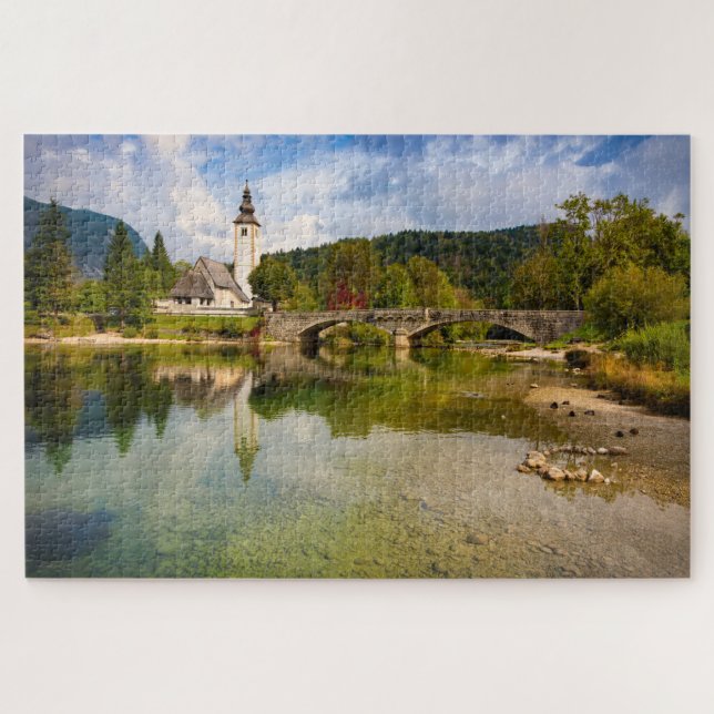 Bohinj lake with church reflection in Slovenia Jigsaw Puzzle (Horizontal)