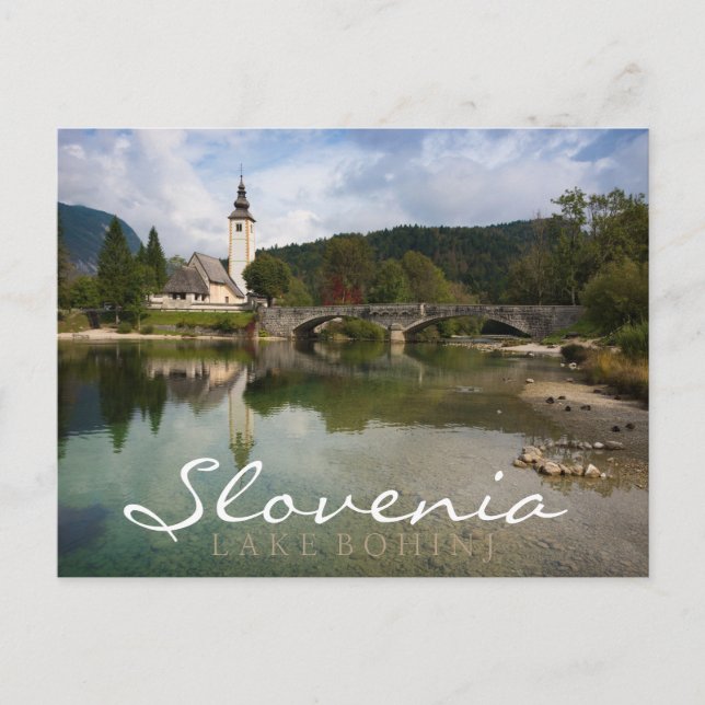 Bohinj lake with church, Slovenia double text card (Front)