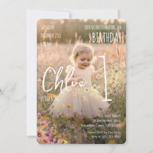 Boho 1st Birthday Girl Photo Floral Party Invitation
