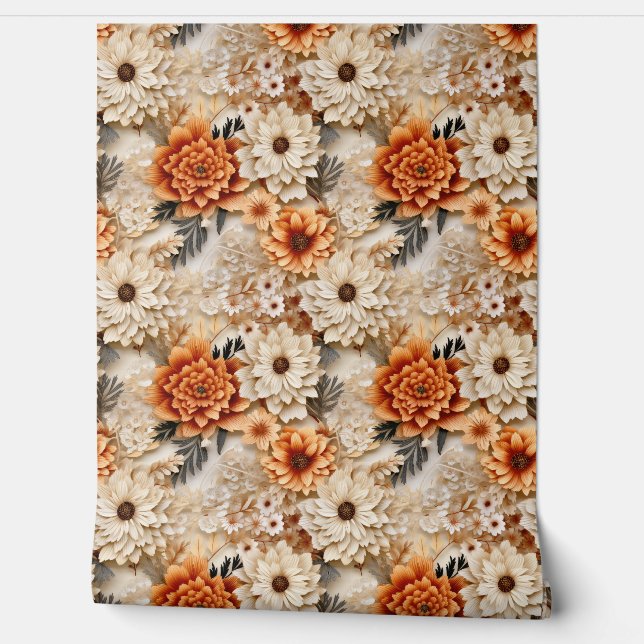 Boho 3d fall autumn wildflowers terracotta rusty wallpaper (Unrolling)