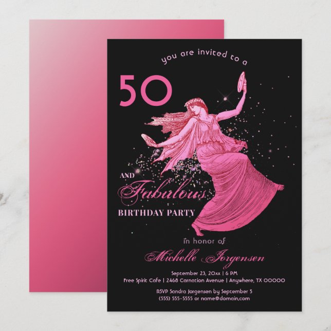 Boho 50th Birthday Woman Pink Dancer Glitter Party Invitation (Front/Back)