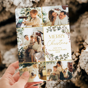Boho 5 Photo Collage Family Merry Christmas Card