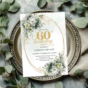 Boho 60th Birthday Dusty Green Eucalyptus Invite