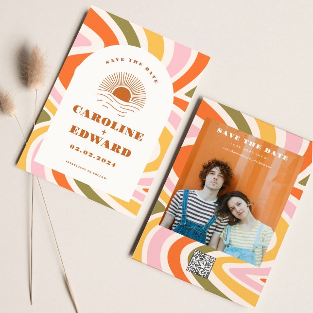 Boho 70s Groovy Wavy Sun Save the Date Qr Code (Creator Uploaded)