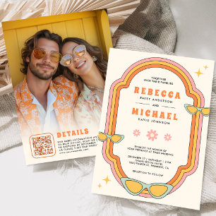 Boho 70s Retro Colourful Groovy Frame Wedding Invitation