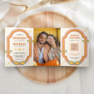 Boho 70s Retro Colourful Groovy Frame Wedding Tri-Fold Invitation