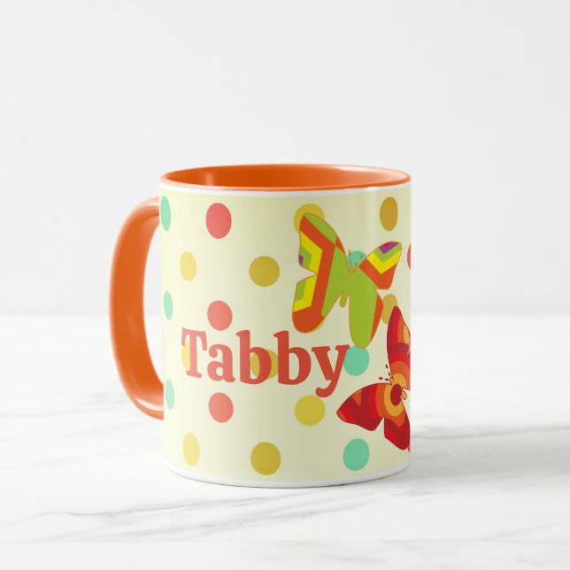 Boho 70's stripe polka dot butterfly orange  mug (Front Left)