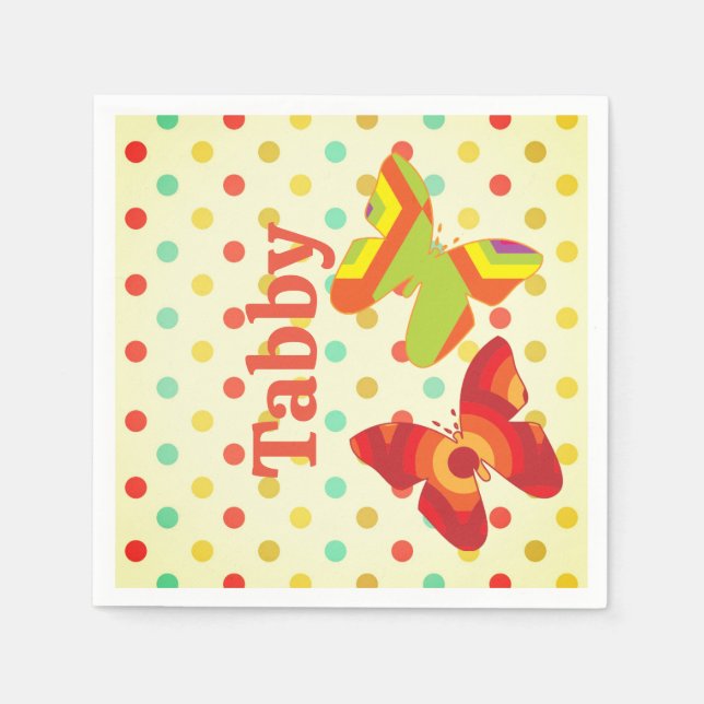 Boho 70's stripe polka dot butterfly orange yellow napkin (Front)
