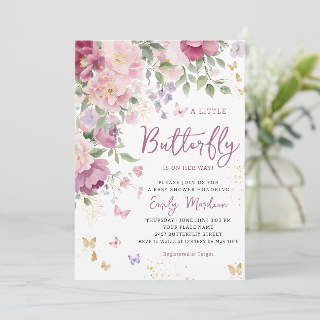 Boho A Little Butterfly Floral Girl Baby Shower  Invitation (Standing Front)